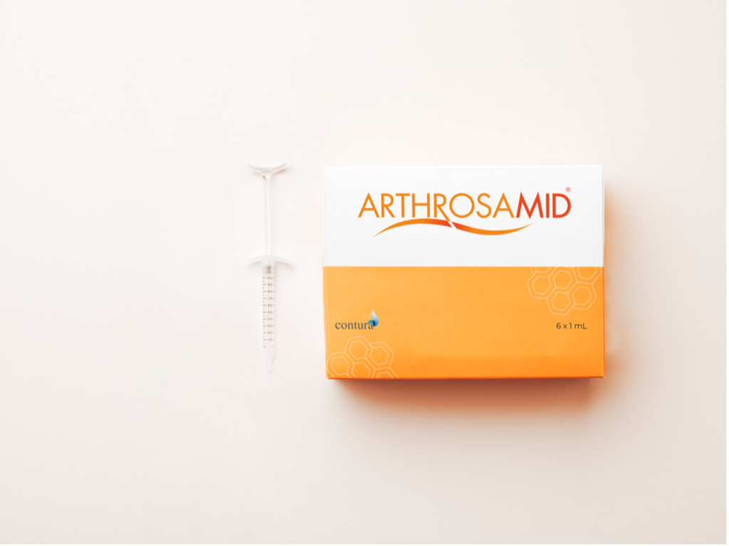 Arthrosamid injection product and syringe